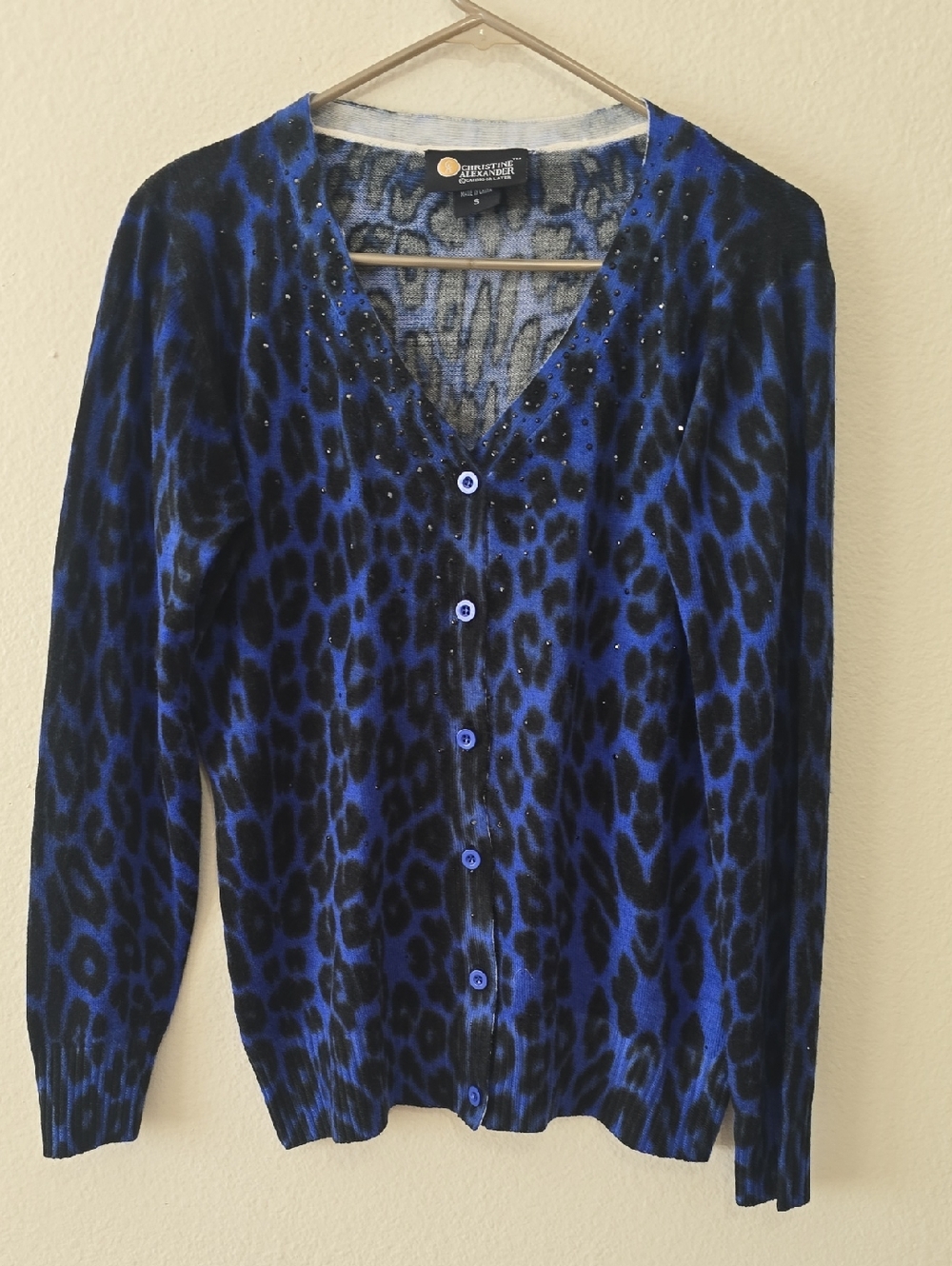 Christine Alexander Blue and‎ Black Leopard-Print Cardigan with Stud Detail S